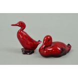 TWO ROYAL DOULTON FLAMBE BIRDS, Duck resting HN148B, length 8.5cm and Drake standing HN807, height