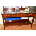 A MAHOGANY AND EBONISED BANDED SERPENTINE FRONTED SIDEBOARD, with a raised back above two short