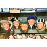 FIVE ROYAL DOULTON CHARACTER JUGS, 'The Poacher' D6429, 'Long John Silver' D6335, 'Mr Pickwick'