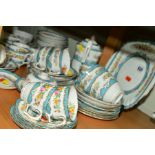 CROWN STAFFORDSHIRE TEA/COFFEE WARES, florally decorated with blue bands, over 50 pieces (coffee pot