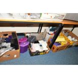 FOUR BOXES AND LOOSE SUNDRY ITEMS, to include jewellery stands, boxes, packaging, etc
