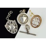 A 9CT GOLD CAMEO BROOCH, TWO SILVER MEDALLIONS AND A T-BAR, the cameo of oval outline depicting