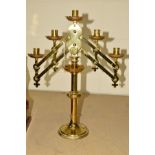 A VICTORIAN BRASS GOTHIC ECCLESIASTICAL FIVE LIGHT CANDELABRUM, with screw fitting to adjust angle