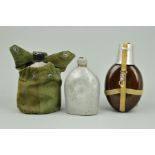 A BOX CONTAINING THREE MILITARY WATER BOTTLES, as follows, WWII era American Army/Marines water
