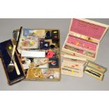 A BOX OF MAINLY COSTUME JEWELLERY, to include imitation pearl necklaces, paste necklaces, silver and