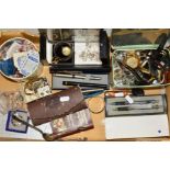 A BOX OF WATCHES, COSTUME JEWELLERY, PENS, etc, to include a Seiko and Casio watch, a selection of
