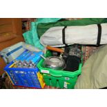 A COLLECTION OF CAMPING EQUIPMENT, comprising of an Intex air bed, a small coolbox, two cased