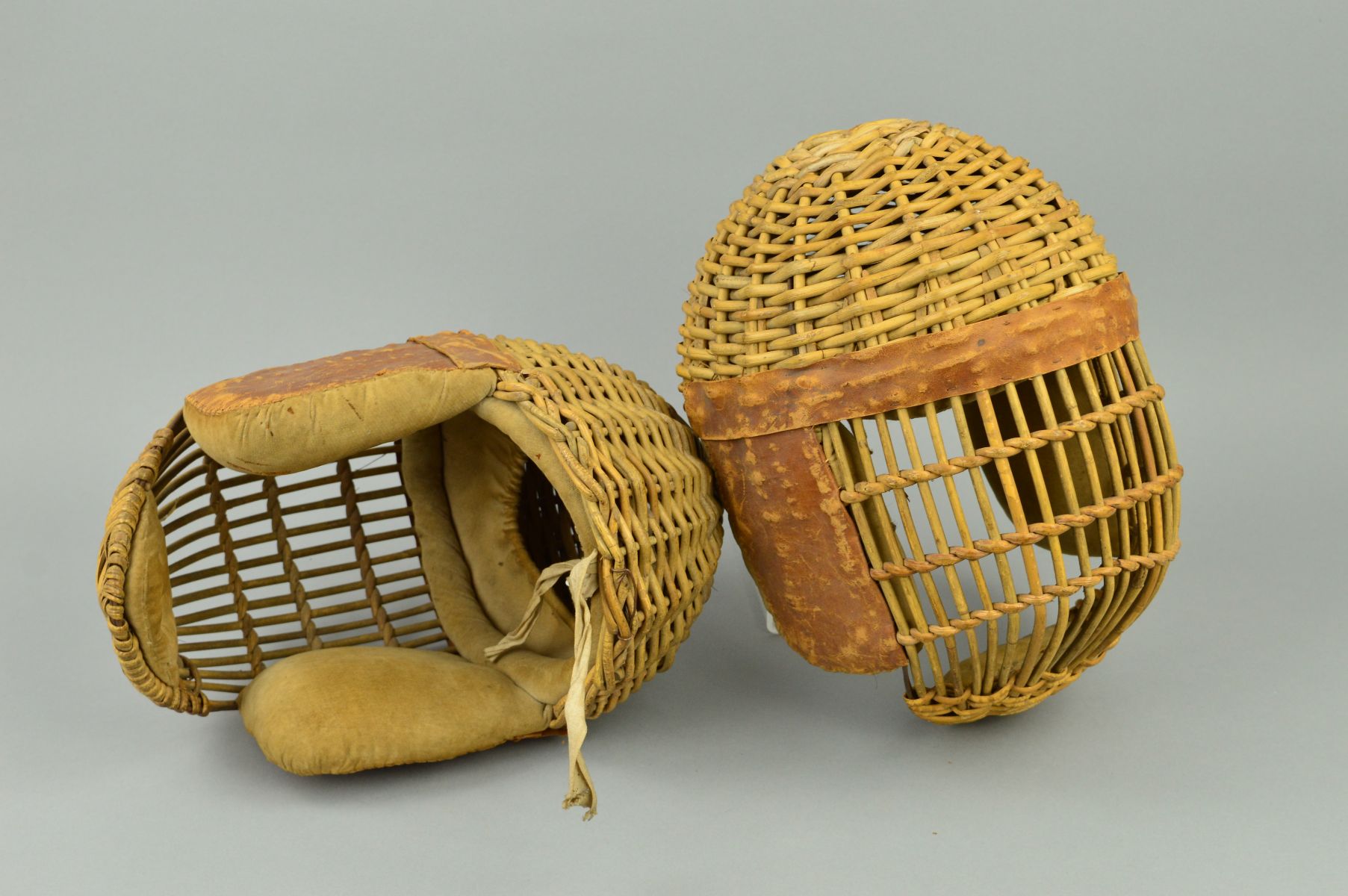 TWO LATE 19TH/EARLY 20TH CENTURY JAPANESE 'KENDO' FACEMASKS, constructed in wicker style, with - Image 3 of 4