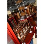 A MAHOGANY CANTERBURY, an oak folding cake stand and a circular walnut occasional table (3)