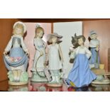 FIVE NAO FIGURES, boxed Girl with Umbrella, Girl with Hoop and Dog (hoop broken), Girl with