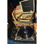 AN EDISON BELL PORTABLE GRAMOPHONE, together with various records, a Bush radio and a 'Barclays Bank