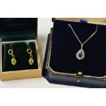 A PAIR OF 9CT GOLD PERIDOT EARRINGS AND A TOPAZ CLUSTER PENDANT AND CHAIN, the earrings each