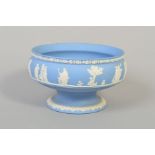 A WEDGWOOD BLUE JASPERWARE FOOTED BOWL, impressed marks to base, height 13cm, diameter 20cm