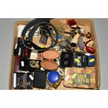 A BOX OF COSTUME JEWELLERY, CUFFLINKS, etc, to include a Boucher dog brooch, various pipes,