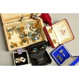 A SELECTION OF CUFFLINKS, mainly gold and silver plated swivel back cufflinks