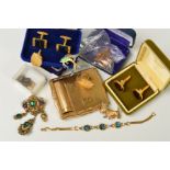 A SELECTION OF MAINLY COSTUME JEWELLERY, to include a Stratton compact with integral lipstick