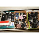 THREE TRAYS OF CAMERAS AND EQUIPMENT, including a Canon AL-1 fitted with a 50mm f1.8, a Zorki 4, a