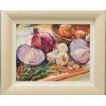 DAN OBRIEN (BRITISH CONTEMPORARY), 'Onions', a still life study of onions and garlic, signed