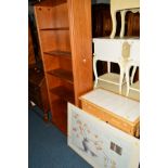 A TALL OAK FINISH OPEN BOOKCASE, together with a beech tile topped kitchen trolley containing two