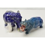 TWO LAPIS LAZULI CARVED ANIMAL FIGURINES, the first a carved elephant, tusks detached but with the