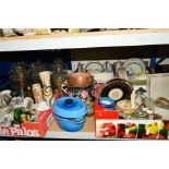 FOUR BOXES AND LOOSE CERAMICS, GLASS, ETC, to include French blue cook pot, glass beer making