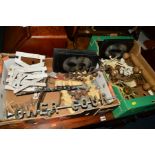 TWO BOXES CONTAINING VARIOUS METAL MISCELLANEOUS, to include wrought iron number and letter signs,