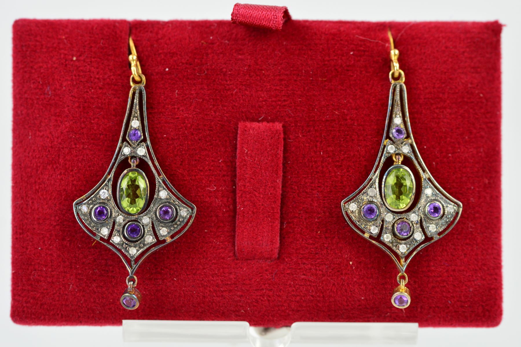 A PAIR OF PERIDOT, AMETHYST AND DIAMOND EARRINGS, of tapered outline designed with a suspended - Image 2 of 3