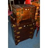 A MODERN MAHOGANY CAMPAIGN CHEST OF TWO SHORT AND THREE LONG DRAWERS, with a fold over top, width