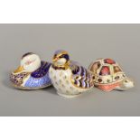 THREE ROYAL CROWN DERBY SECONDS PAPERWEIGHT, 'Red Legged Partridge' (silver stopper), 'Turtle' (no