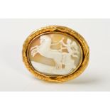 A MID VICTORIAN GOLD MEMORIAL CAMEO BROOCH, oval shell cameo depicting a winged cherub in a