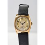 A 9CT GOLD EARLY 20TH CENTURY GENTS WRISTWATCH, gold and cream dial, cushion shaped Stolkace case,