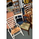 A COLLECTION OF VARIOUS CHAIRS, to include a painted rush seated rocking chair, a 19th Century