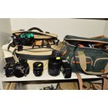 TWO CAMERA BAGS CONTAINING A CHINON CE-4 FILM SLR, with a 50mm f1.7, a Pentax M 24-35mm f3.5 lens, a