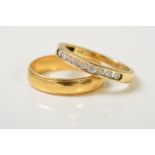 A DIAMOND ETERNITY RING AND AN 18CT GOLD BAND RING, the eternity ring channel set with nine
