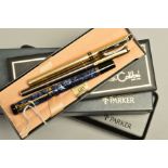 THREE PENS, the first a Parker fountain pen with blue marbled case, nib stamped 18K 750, with a