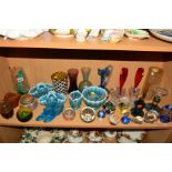 A GROUP OF COLOURED/PRESSED AND OTHER GLASSWARES, to include Caithness vase, Wedgwood candlestick,