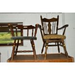 A DISTRESSED ELM STICK BACK CARVER CHAIR, an oak captains chair and two other chairs (4)