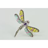 A PLIQUE-A-JOUR, GEM AND MARCASITE DRAGONFLY BROOCH/PENDANT, the yellow, red and green enamel