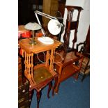 A WHITE AND NEWTON TEAK TWO TIER TEA TROLLEY, (s.d.) together with a reproduction triangular