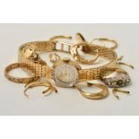 A 9CT GOLD WATCH, TWO RINGS AND SOME BROKEN EARRINGS, to include a Rotary wrist watch with