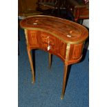 A REPRODUCTION FRENCH WALNUT, MAHOGANY AND BANDED KIDNEY SHAPED OCCASIONAL TABLE, with three drawers