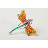 A GEM AND PLIQUE-A-JOUR ENAMEL DRAGONFLY BROOCH/PENDANT, designed with a green enamel body, red,