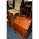 A REPRODUCTION MAHOGANY FALL FRONT BUREAU, with four drawers, width 75cm x depth 47cm x height