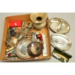 A BOX OF SILVER PLATE AND COLLECTABLES, ETC, including an entree dish and cover, a muffin dish and