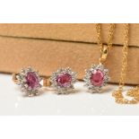 A 9CT GOLD RUBY AND DIAMOND PENDANT AND FINE CHAIN, measuring approximately 400mm in length,