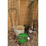 A GALVANISED DOLLY TUB together with a collection of garden metalware to include a folding corner