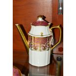 A ROYAL CROWN DERBY COFFEE POT, A1359 'Heritage' pattern pink and lilac bands with gilt detailing,