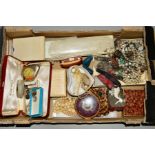 A BOX OF MAINLY COSTUME JEWELLERY, to include an opal cabochon ring with French assay mark for 18ct,