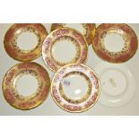 SEVEN ROYAL CROWN DERBY PLATES, A1359 'Heritage' pattern, pink and lilac bands with gilt