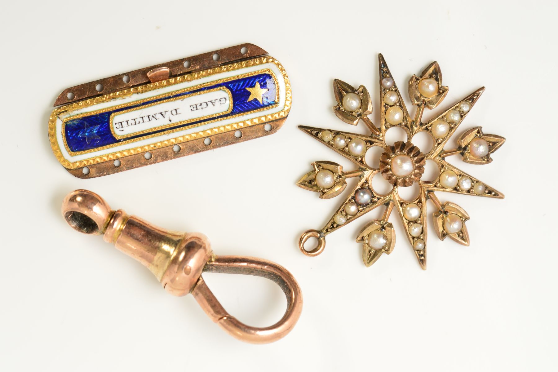 THREE ITEMS OF LATE VICTORIAN JEWELLERY PARTS, the first an enamel push piece clasp with the - Image 2 of 3